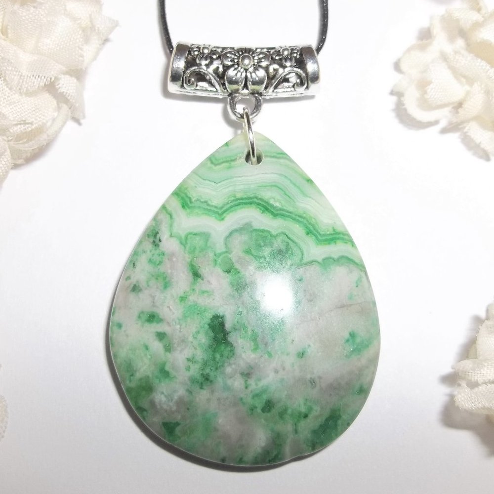 Statement Gemstone Necklace Jewelry Silver Green White Grey Gift Idea Girl 6759